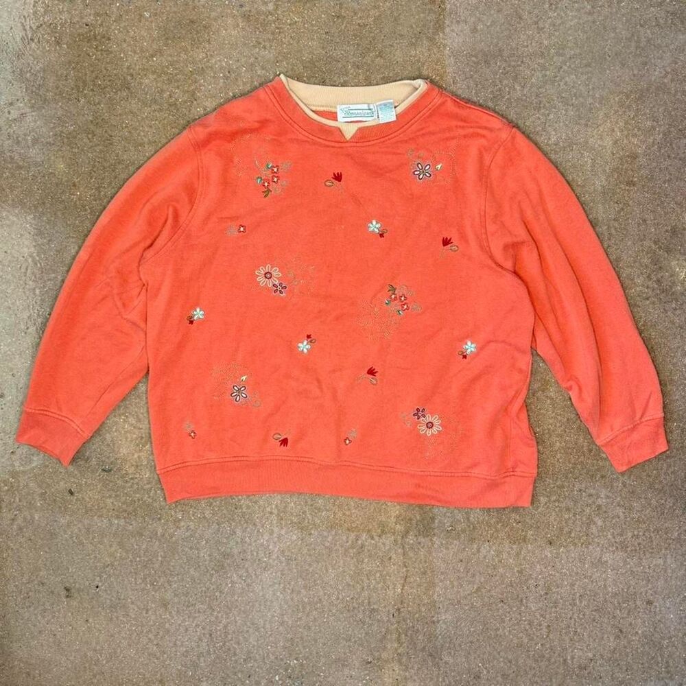 Floral Embroidered Sweatshirt XL Orange Cottagecore Grandma Core